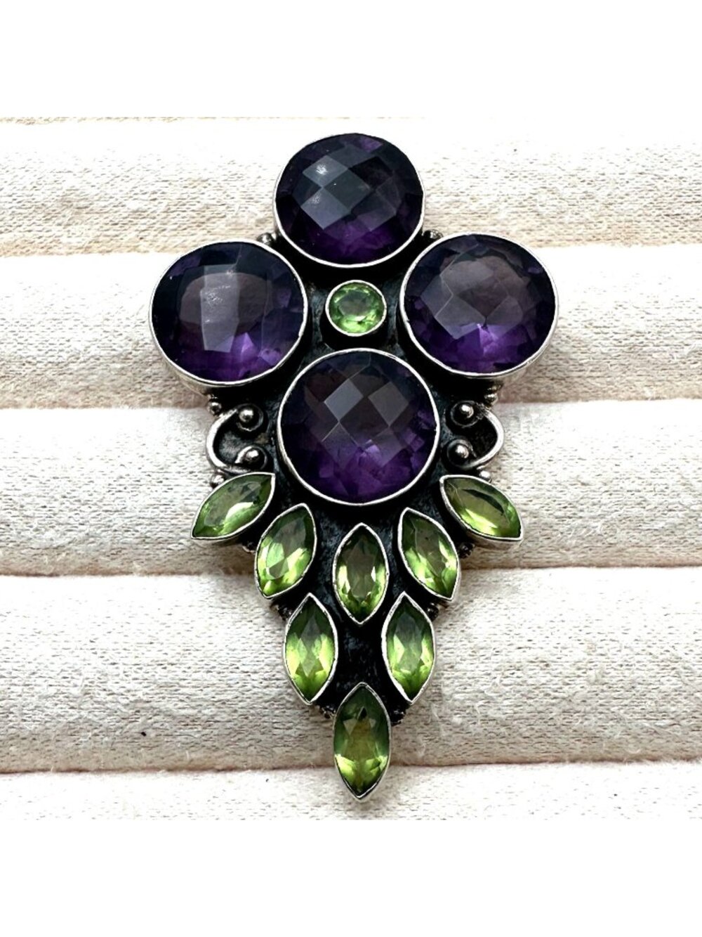 Amethyst Peridot Gemstone Sterling Silver Pendant 2.25 Inch